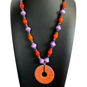 Paper Bead Statement Necklace Orange and Purple NWT